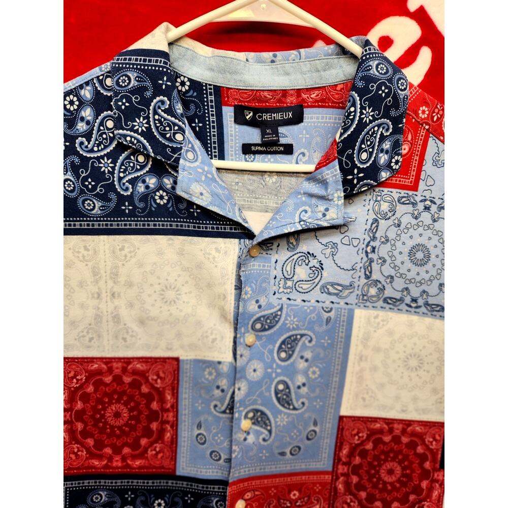 Cremieux XL Bandana Patchwork Shirt Mens Short Sleeve Supima Cotton Red Blue...